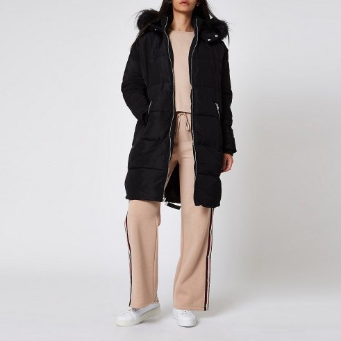 RIVER ISLAND Black faux fur trim longline padded jacket – warm & stylish winter outerwear - flipped