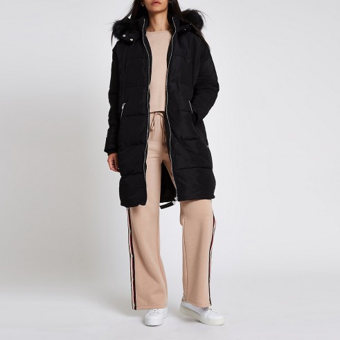 RIVER ISLAND Black faux fur trim longline padded jacket – warm & stylish winter outerwear