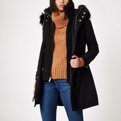 RIVER ISLAND Black faux shearling double layer coat – warm & stylish winter coats - flipped