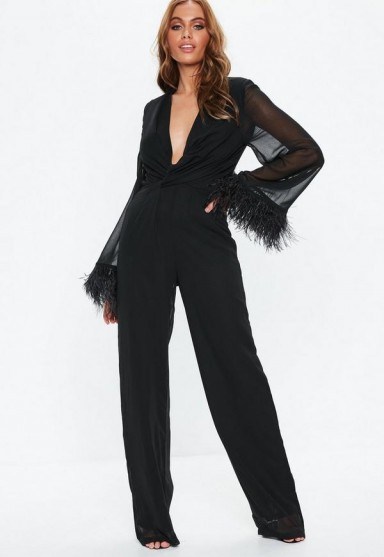 Missguided black feather jumpsuit | glamorous partywear - flipped