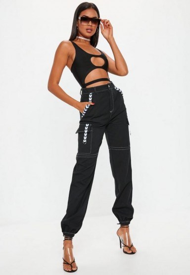 Missguided black mono sports tape cargo trousers | sports luxe - flipped