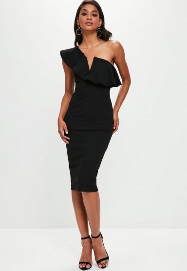Missguided black one shoulder frill midi dress | glamorous LBD - flipped