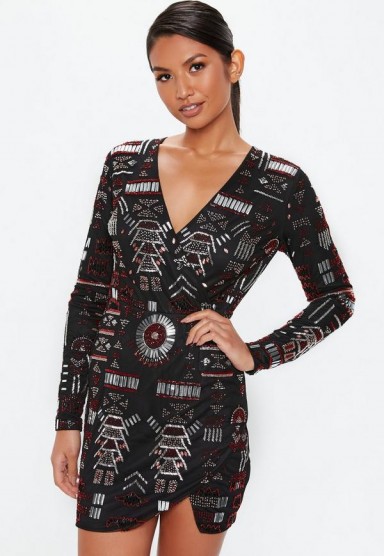 MISSGUIDED black premium plunge wrap embellished dress – luxe style party fashion