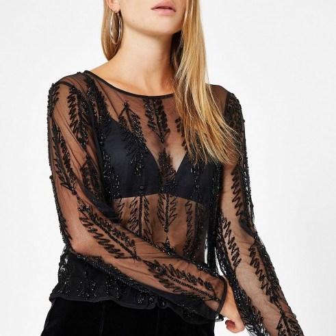 RIVER ISLAND Black sequin mesh long sleeve top | sheer party blouse - flipped