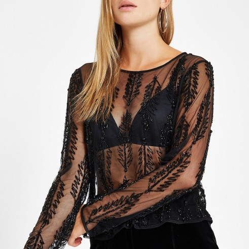 RIVER ISLAND Black sequin mesh long sleeve top | sheer party blouse