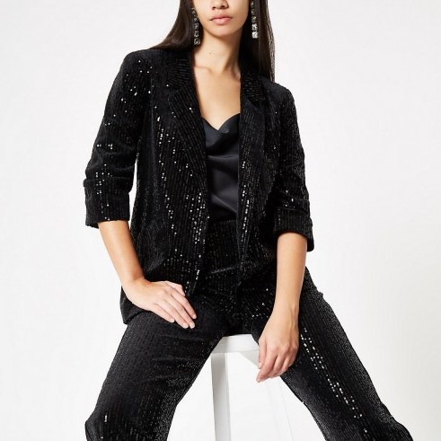 River Island Black sequin stripe open front blazer | sparkly party jackets - flipped