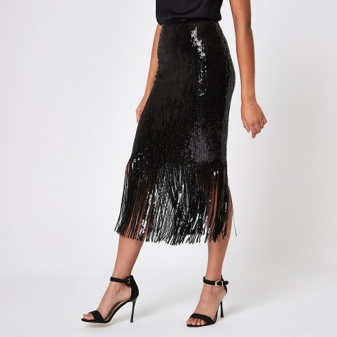 River Island Black tassel hem sequin pencil skirt | fringed party skirts - flipped