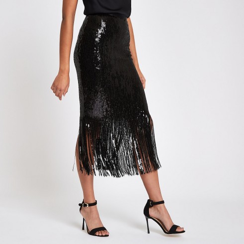 River Island Black tassel hem sequin pencil skirt | fringed party skirts