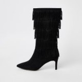 RIVER ISLAND Black tassel high leg boots – fringed boho boot