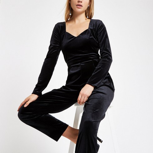 RIVER ISLAND Black velvet long sleeve jumpsuit – open back jumpsuits