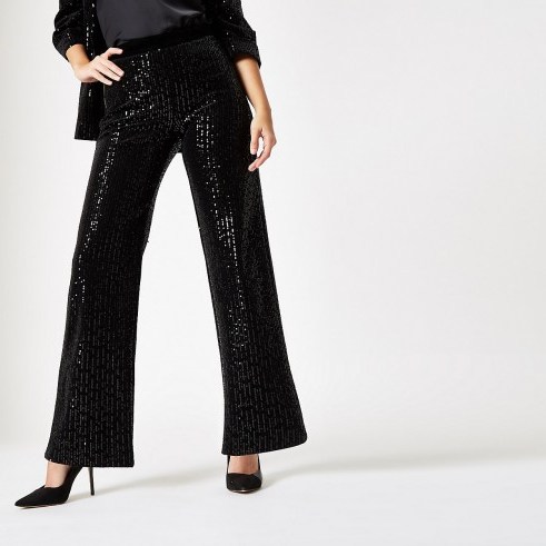 River Island Black velvet sequin wide leg trousers | glam party pants - flipped