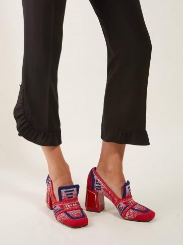 PRADA Red block-heel logo-jacquard loafers ~ stylish chunky shoes