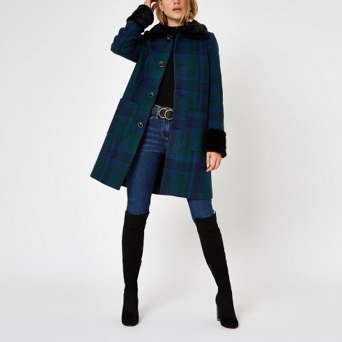 RIVER ISLAND Blue check button faux fur trim swing coat – cute winter coat - flipped