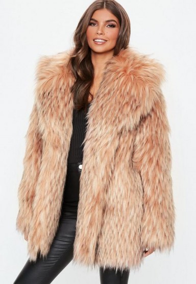 MISSGUIDED blush tipped premium faux fur collar coat – chunky winter coats