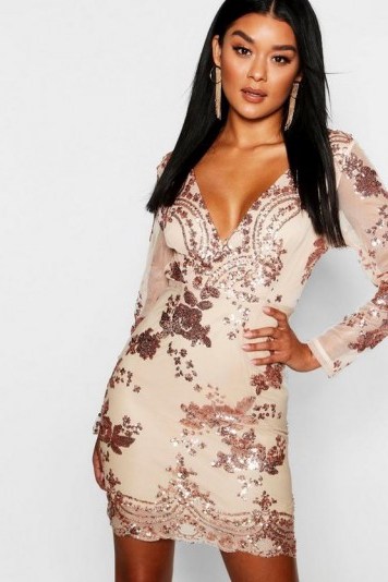 boohoo Boutique Sequin Print Mesh Bodycon Dress in Gold | plunging party dresses - flipped