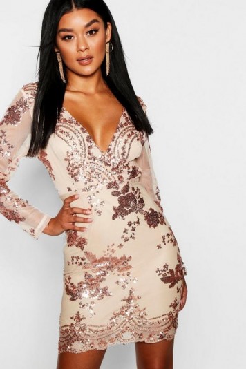 boohoo Boutique Sequin Print Mesh Bodycon Dress in Gold | plunging party dresses