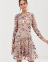 Bronx and Banco Aurora heavy embellished mini dress in pink | floral fit and flare
