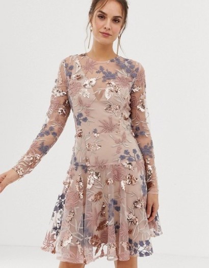 Bronx and Banco Aurora heavy embellished mini dress in pink | floral fit and flare - flipped