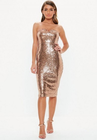 Missguided bronze sequin bandeau v bar midi dress | sparkly strapless party dresses - flipped