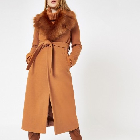 RIVER ISLAND Brown belted faux fur robe coat – warm winter coats - flipped