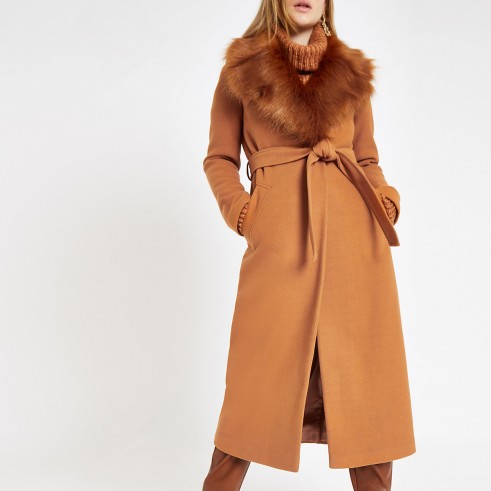 RIVER ISLAND Brown belted faux fur robe coat – warm winter coats
