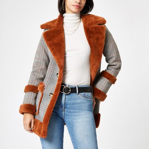 River Island Brown check faux fur trim aviator jacket | checked winter coats - flipped