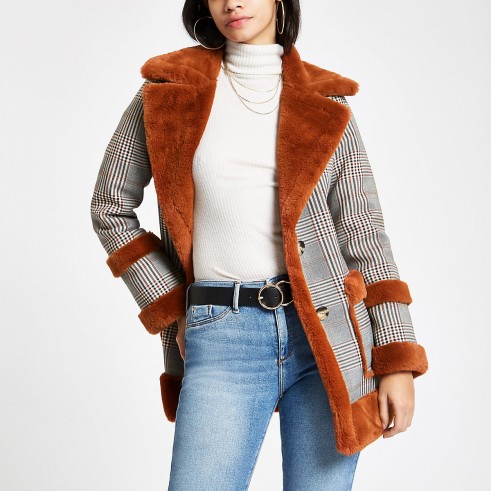 River Island Brown check faux fur trim aviator jacket | checked winter coats