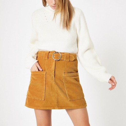 RIVER ISLAND Brown cord belted mini skirt – retro corduroy fashion - flipped