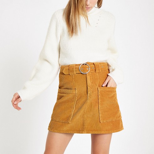 RIVER ISLAND Brown cord belted mini skirt – retro corduroy fashion