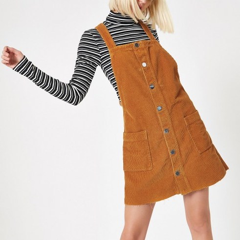 RIVER ISLAND Brown cord dungaree dress – corduroy pinafore - flipped