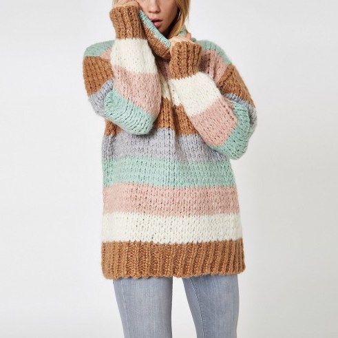 River Island Brown knit stripe oversized roll neck jumper | chunky sweaters - flipped