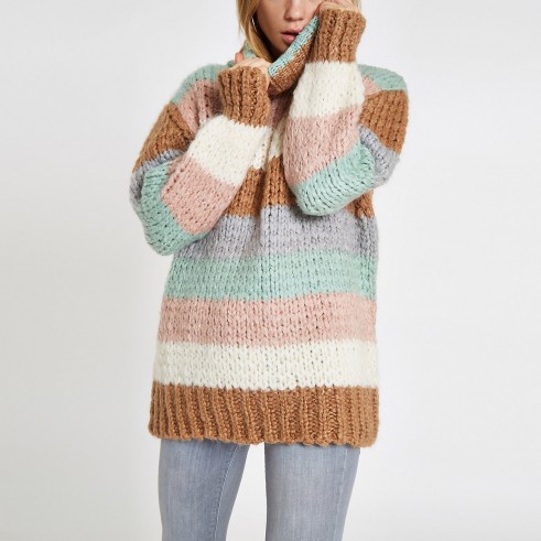 River Island Brown knit stripe oversized roll neck jumper | chunky sweaters