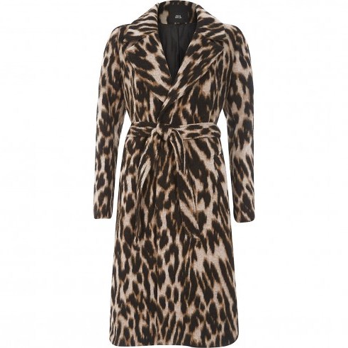 RIVER ISLAND Brown leopard print wool belted robe coat – waist tie animal print coats - flipped