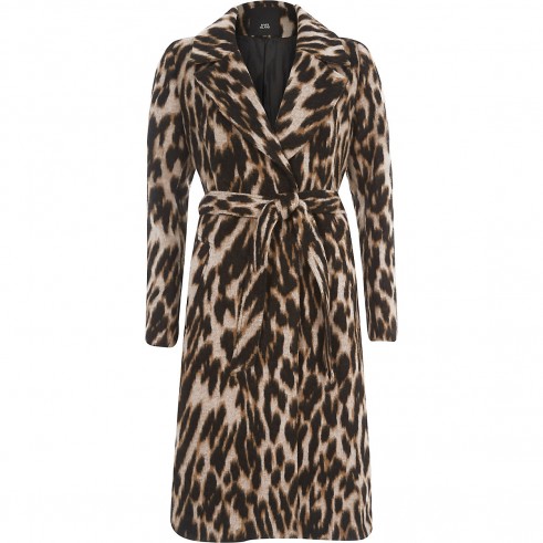 RIVER ISLAND Brown leopard print wool belted robe coat – waist tie animal print coats