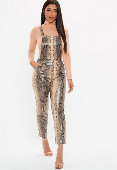 MISSGUIDED brown pu snake print dungaree jumpsuit – high shine fashion - flipped