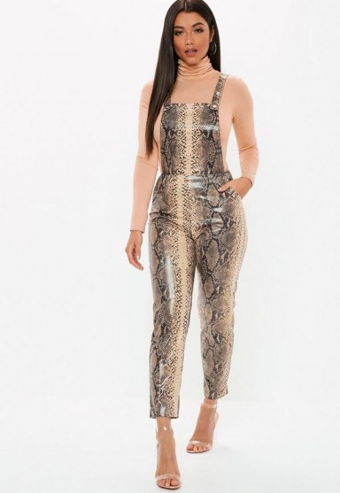 MISSGUIDED brown pu snake print dungaree jumpsuit – high shine fashion