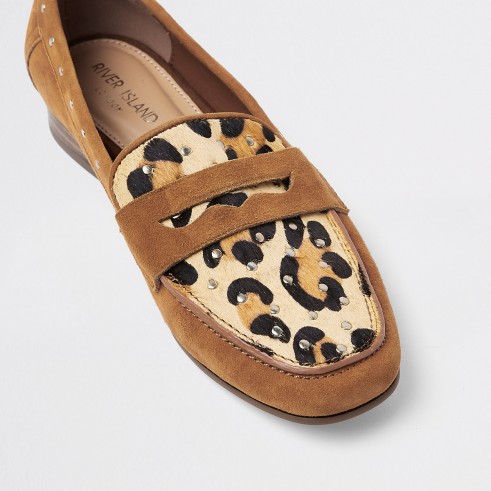 River Island Brown suede leopard print studded loafers | casual glamour