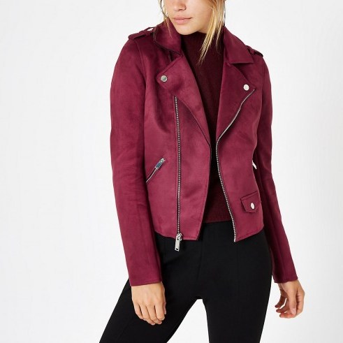 River Island Burgundy faux suede biker jacket | winter jewel tone colours - flipped