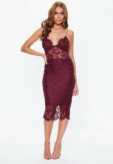 Missguided burgundy strappy lace midi dress | eyelash trim
