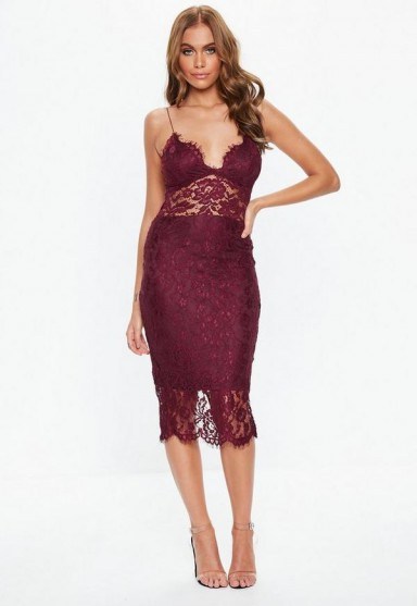 Missguided burgundy strappy lace midi dress | eyelash trim - flipped