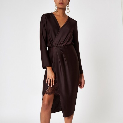 River Island Burgundy wrap front waisted midi dress | dark red party frock - flipped