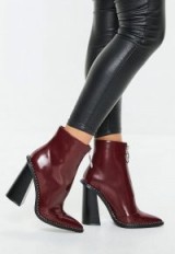MISSGUIDED burgundy zip front ring pull boots – high block heel ankle boot