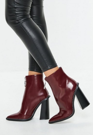 MISSGUIDED burgundy zip front ring pull boots – high block heel ankle boot - flipped