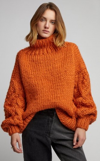 I Love Mr. Mittens Cable Knit Wool Sweater in Orange | bright chunky knitwear - flipped