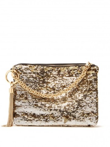 JIMMY CHOO Callie gold sequinned tassel clutch ~ glamorous event accessory - flipped