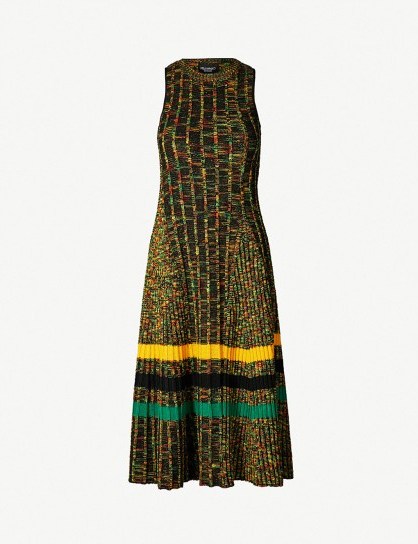 CALVIN KLEIN 205W39NYC Striped ribbed wool-blend midi dress in black multi jonquil lime – luxury knitted dresses - flipped
