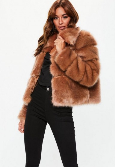 MISSGUIDED camel premium cropped faux fur jacket – brown luxe style winter coats
