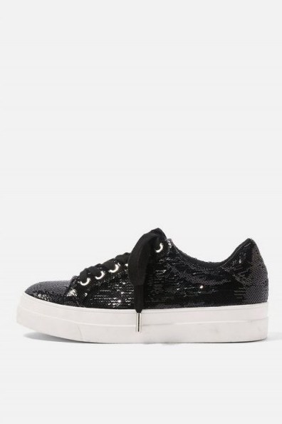 Topshop CANDY Glitter Lace Up Trainers in Black | sports luxe trainer - flipped