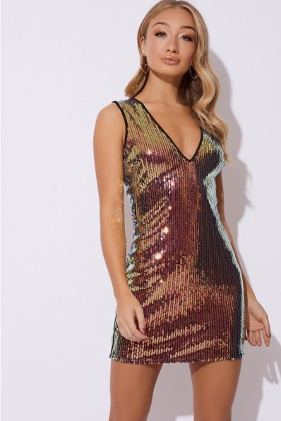 IN THE STYLE CATTI PINK IRIDESCENT SEQUIN PLUNGE MINI DRESS – shimmery party dresses