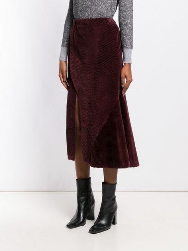 CÉDRIC CHARLIER high waisted corduroy skirt in bordeaux | front slit | asymmetric style - flipped